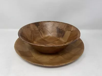 Vintage Wood Bowl  Salad 12” + Free Serving Plate MCM Woven Wood Serving  EB-667 • $28.99