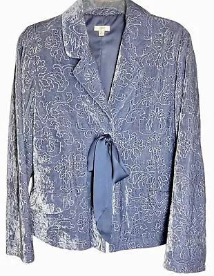 J JILL Periwinkle Blue Velvet Embroider Ribbon Tie Blazer Jacket Size Medium M • $34.99