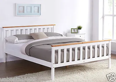 White Wooden Bed Frame Pine Oak Top Double King Single Size And Mattress Option • £119.99
