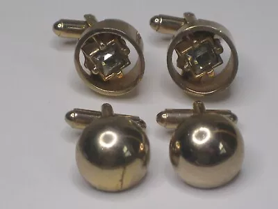 2 Sets Of Vintage Cuff Links Gold-tone Faux Diamond & Half Orb Ball Cuff Link • $11.90