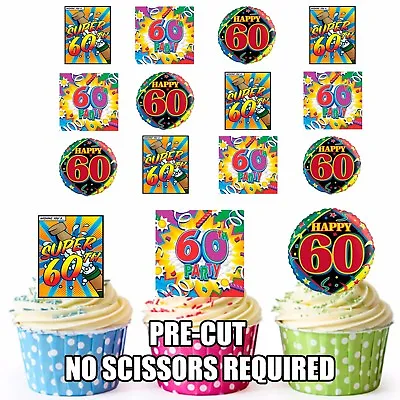 PRE-CUT 60th Birthday Colourful Edible Cupcake Toppers Decorations Male / Female • £4.75