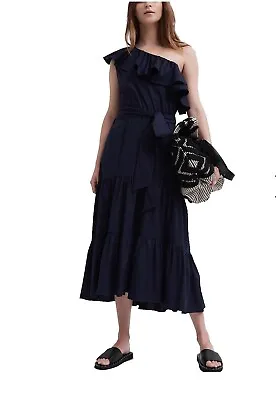 Witchery Navy One Shoulder Tiered Midi Dress Ruffle Neckline Size 10 • $49.95