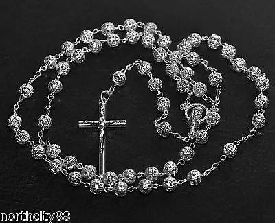 Rosary Necklace Silver Plated Filigree Bead Rosary 22  Religious Catholic Rosary • $16.90