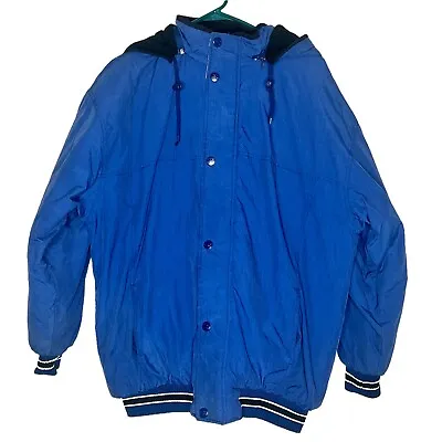 Vintage Starter Mens Winter Coat Puffer Jacket Hood Lined Warm Blue Size Medium • $39.99