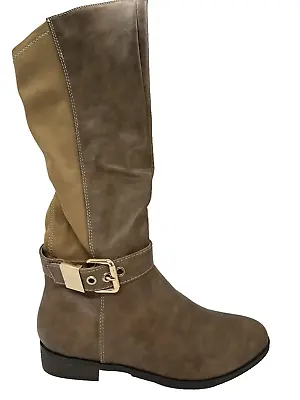 Women Liliana Ultimo1 Taupe Leatherette Mid-Calf Buckle Stretch Riding Boot SZ 7 • $39.99