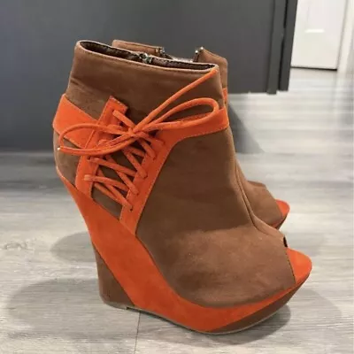 Liliana Open Toe Wedge Platform Suede Booties Brown And Orange Women’s Size 7 • $19.99