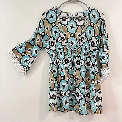 Milly Aqua Blue Floral 3/4 Crochet Sleeve Popover Tie V Neck Cotton Tunic Sz 4 • $24.99