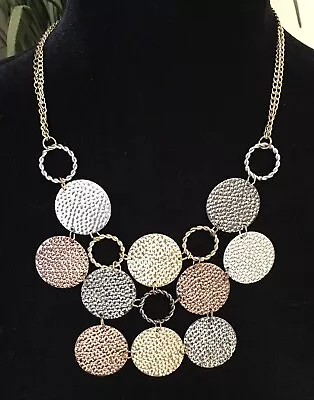 Tri Tone Metal Textured Medallion Statement Necklace • $10