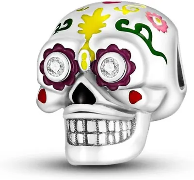 Skull Charm Day Of The Dead Love Heart Mexican Genuine Sterling Silver 925 Bead • £15.99