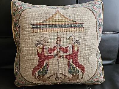 Needlepoint Pillow Monkey Motif With Chair  Tie Backs Down Insert  • $148.99