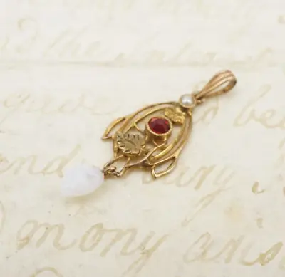 Vintage 10k Gold Lavalier Pendant Seed Pearl Red Glass Art Nouveau 1.25  PG1673 • $78.96
