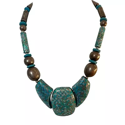 Vintage Chunky Turquoise Bronze Pendant Necklace Marbleized Beaded Boho Ethnic • $15.99