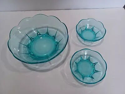 Vintage Set Of 3 Anchor Hocking Chip And Dip Bowl Set Swedish Modern Aquamarine  • $19.99