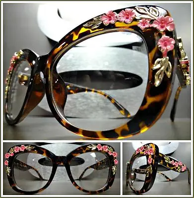 OVERSIZED RETRO Style Clear Lens EYE GLASSES Tortoise Frame Gold & Pink Floral • $19.99