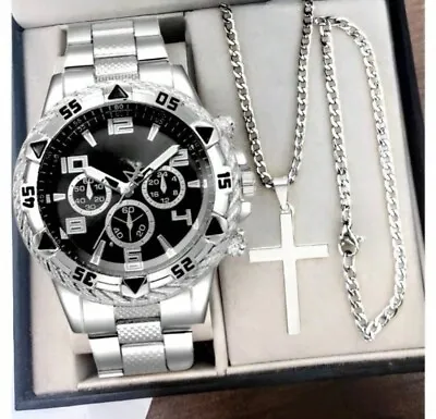 Watch Gift Set For Men Silver Black CHRISTIAN CROSS Chain + Bracelet 3 PIECE SET • £10.99