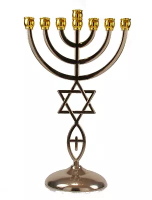 Messianic Jewish Star Of David 7 Branch Silver W/ Gold Tips 7 Branch Menorah    • $22.50