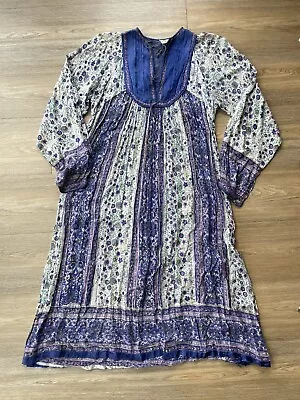 Vintage 1970s Indian Cotton Gauzy Block Print Purple Dress L Large • $450