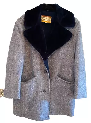 VTG Montgomery Ward Coat Men's 40 Blue Tweed Print Wool Faux Fur Grandpa 60's • $36.99