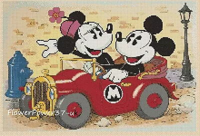 £4.75 • Buy Cross Stitch Chart  Mickey Mouse & Minnie - Out For A Drive Flowerpwoer37