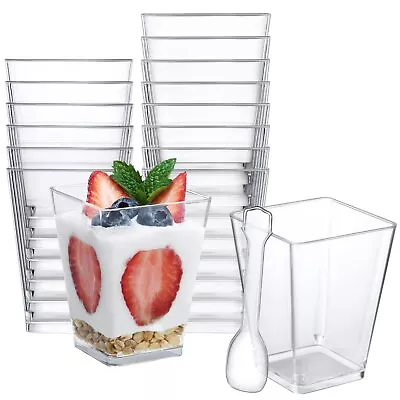 5oz Plastic Dessert Cups 100 Pack Small Clear Square Parfait Cups With Spoons • $32.20