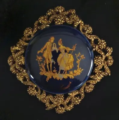 Vintage Limoges France Courting Couple Pin 2  Blue Gold Plated Brooch Pinback   • £19