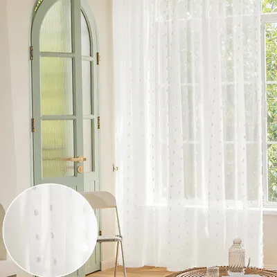 PomPom White Sheer Curtains Voile Panels Bedroom Window Drapes Net Slot Top UK • £15.23
