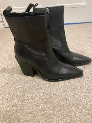 Mango Black Leather Cowboy Western Ankle Boots Size 36 • £35