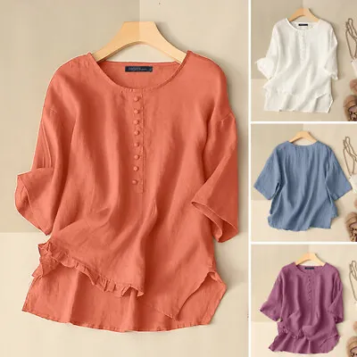 ZANZEA Womens Short Sleeve Plain Basic Tee Blouse Cotton Linen School Tops PLUS • $22.41