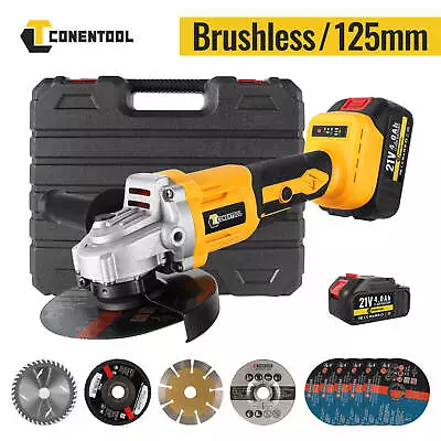 21V Cordless Angle Grinder Brushless 125mm With Battery & Charger & 9*Disc Kit • £43.99