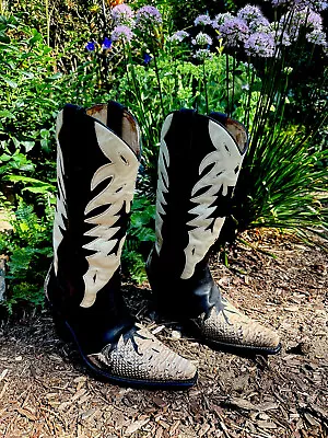 £157.41 • Buy Vintage Ladies SANCHO SPAIN Leather Cowboy Boots US 8.5 BLK/WHT  EXC.