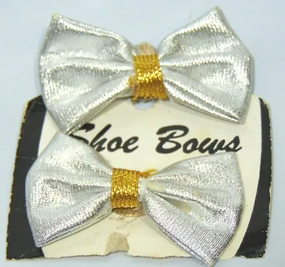 Vintage Shoe Bows Clip On Silver And Gold On Card 2.25  Wide Silver Clips Formal • $14.99