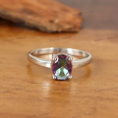 Natural Mystic Topaz 925 Sterling Silver November Birthstone Solitaire Ring • $26.99