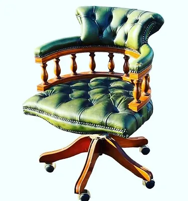 Captains Chair Green Leather Buttoned Back  Swivel Desk Chair • £545