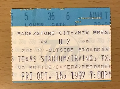 1992 U2 Zoo Tv Tour Irving Texas Concert Ticket Stub War October Boy Bono Edge • $10.99