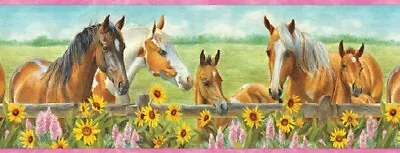 Horses Sunflower Grass Field Fence Wildlife Lodge Nature Pink Wallpaper Border • $27.99