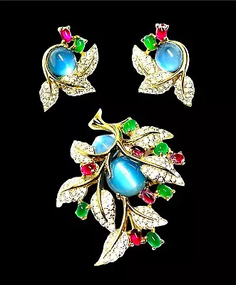 Rare Jomaz Mazer Gold-tone Blue Moonstone Cabochon Floral Brooch Earrings Set • $1674.95