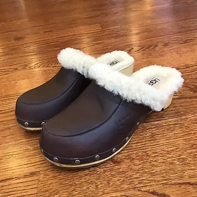 UGG Kalie Brown Leather Wooden Clogs Shoes Fur Sheep Shearling Lined Size 7 • $39.99