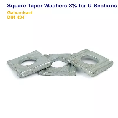 M10 - 10mm SQUARE TAPER WASHERS 8% FOR U-SECTIONS GALVANISED - DIN 434 • £2.69