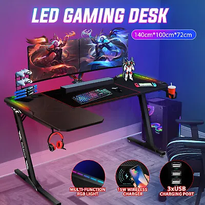 $259.95 • Buy 140CM Gaming Desk Computer Racer Table RGB LED Carbon Fiber USB Wireless Charger