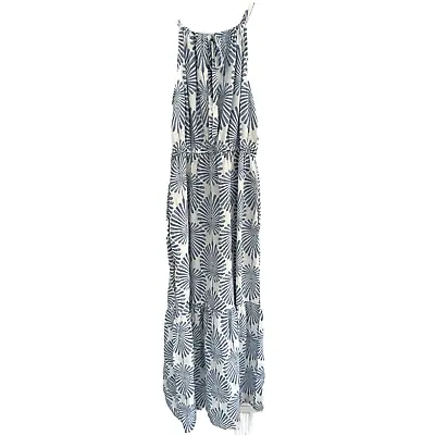 Joie Maxi Dress Size Small Linen Sleeveless Blue White Palm Leaf Print High Neck • $43.99