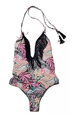 Victoria Secret Swimsuit One Piece Small Paisley Fringe Plunge Halter Scrunch • $15