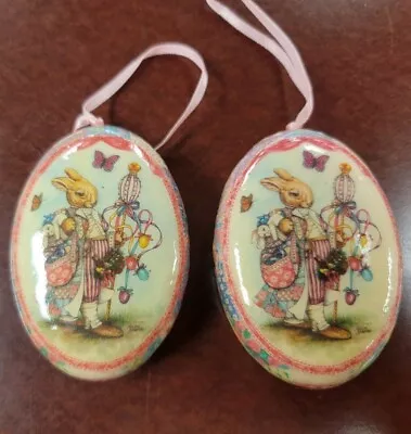 Vtg Easter Tree Bunny Egg Oval Decoupage Ornaments - Lot Of 2 - 3.5in • $16