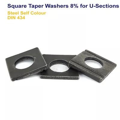 M8 - 8mm SQUARE TAPER WASHERS 8% FOR U-SECTIONS STEEL SELF COLOUR - DIN 434 • £4.69