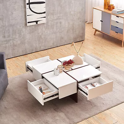 Modern High-Gloss Center Table Square Coffee Table With 4 Storage Drawers • $129.86