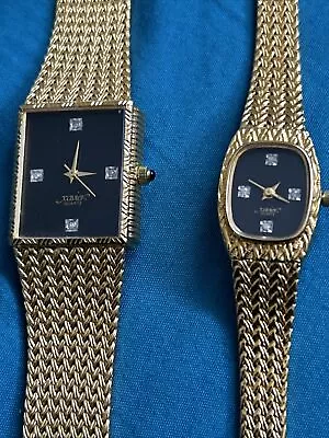 His & Hers  XAVIER Quartz Diamond Black Dial Goldtone Watch (Needs Batteries) • $100