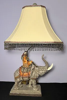 India Elephant Table Lamp W/Boy And Monkey Beaded Lamp Shade 26”H • $89.95