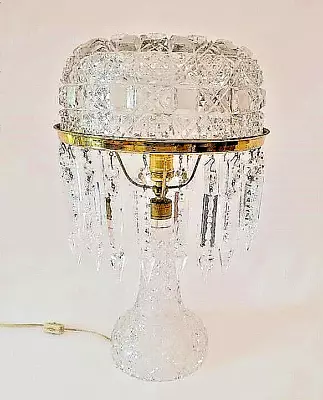 American Brilliant Hand-Cut Crystal Lamp With Prisms 17.5  Tall Early 20th C • $1495