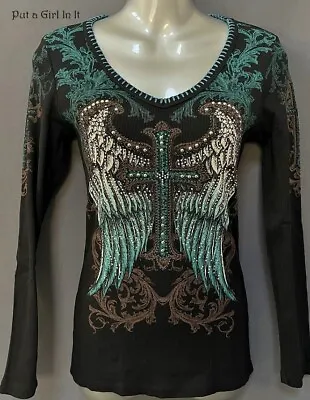 New VOCAL Womens PLUS SIZE CRYSTAL BLACK CROSS WINGS WHIPSTITCH SHIRT 1X 2X 3X • $54.10