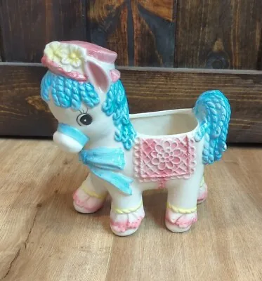 Vtg Ceramic Horse Donkey Pony Planter Nursery Decor Anthropomorphic Pink Blue • $12.99