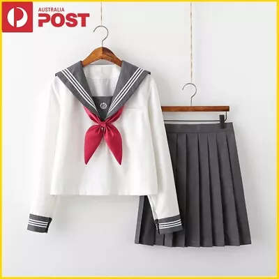 JK Uniform Japanese High School Girls Dress Sailor Grey Skirt Cosplay Costume • $56.99